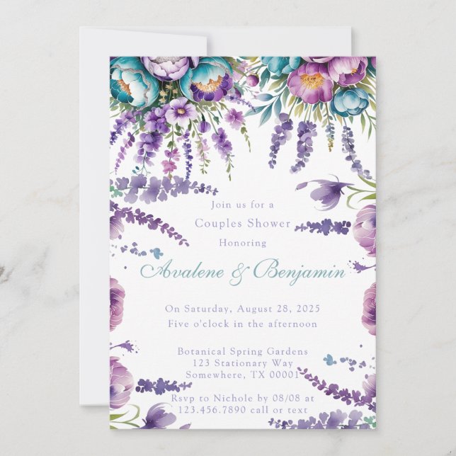 Invitation Fleurs violettes turquoise Douche Couples (Devant)