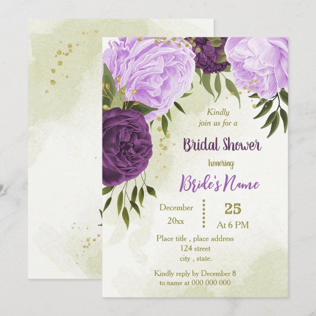 Invitation fleurs violettes vert feuille douche nuptiale (Devant / Derrière)