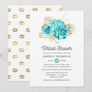 Invitation Fleurs Virtuelles de Salle de Bain Aqua Bleu et Or