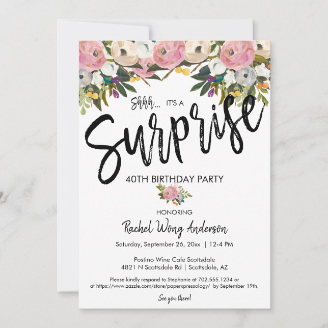 Invitation Fleurs vives pour une fête surprise d'anniversaire (Devant)