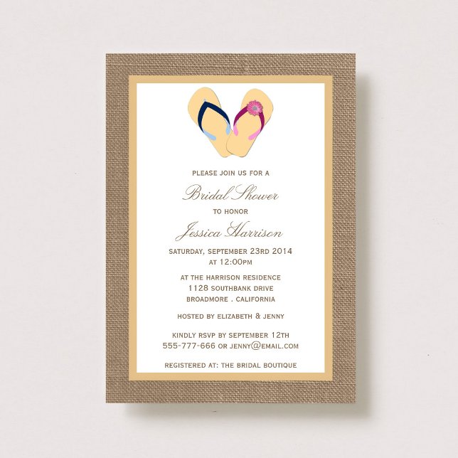 Invitation Flip Flop Sand Beach Burlap Fêtes des mariées Invi (Créateur téléchargé)