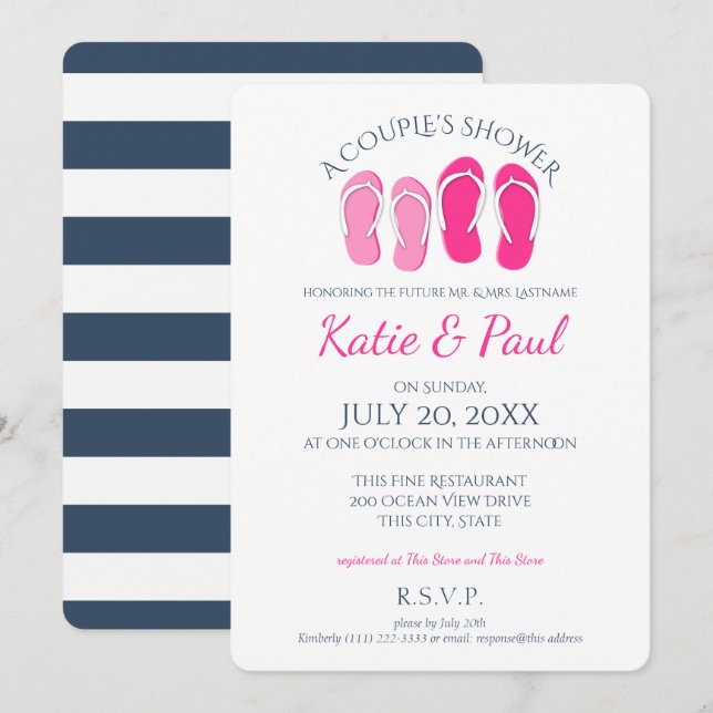 Invitation Flip Flops rose et la Marine Blue Couple Douche (Devant / Derrière)