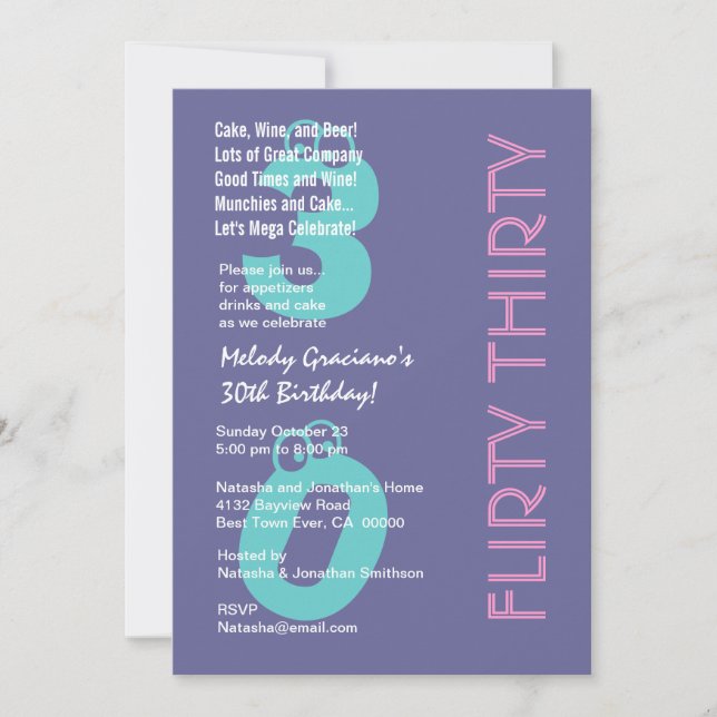 Invitation Flirter Trente Pink bleu violet Anniversaire Moder (Devant)