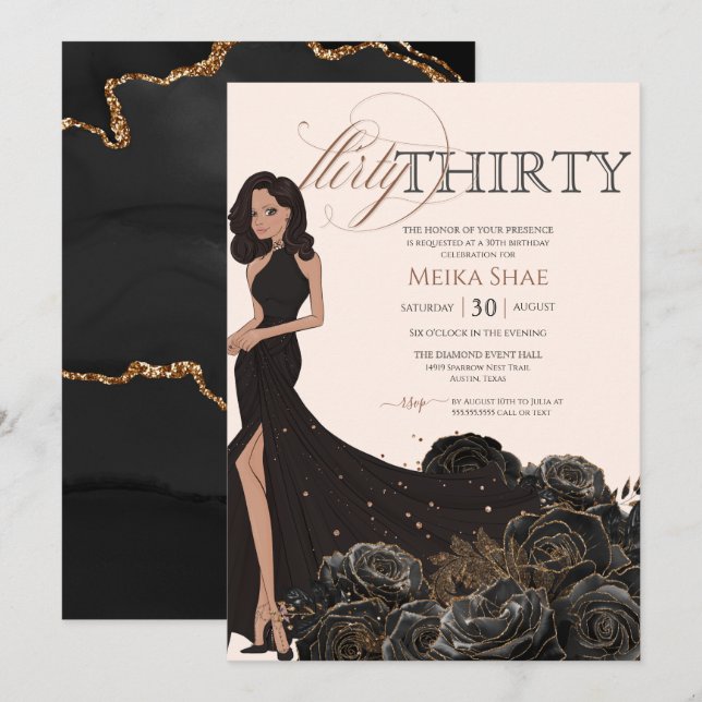 Invitation Flirty Thirty Glam Black & Rose Gold 30e anniversa (Devant / Derrière)