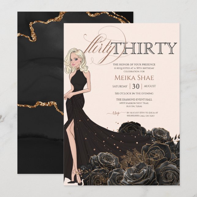 Invitation Flirty Thirty Glam Black & Rose Gold 30e anniversa (Devant / Derrière)