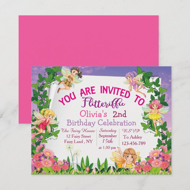 Invitation Flitteriffic rose Magique Terre de fée 2e annivers (Devant / Derrière)
