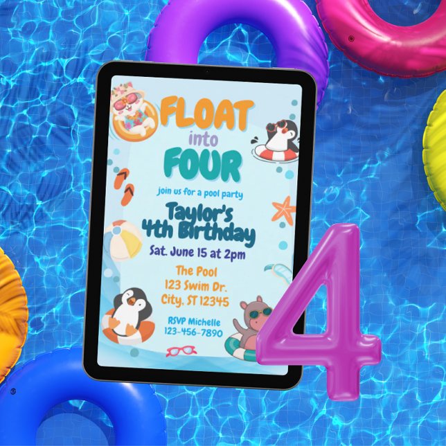 Invitation Float into Four, Pool Animals 4th Birthday (Créateur téléchargé)