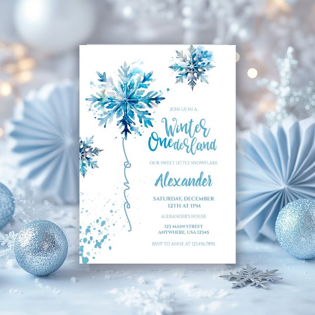 Invitation Flocon de neige aquarelle bleu hiver ONEderland (Créateur téléchargé)