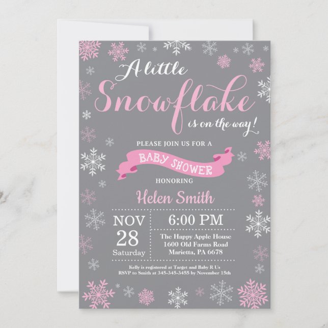 Invitation Flocon de neige blanc et gris de rose de baby (Devant)