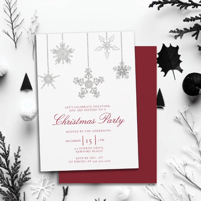 Invitation Flocon de neige blanc rouge Rhinestone Éclats Noël (rhinestones glitter christmas party invitation elegant black white red modern minimalist classy chic)