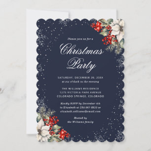 Invitation Flocon de neige botanique bleu Élégant Noël Party