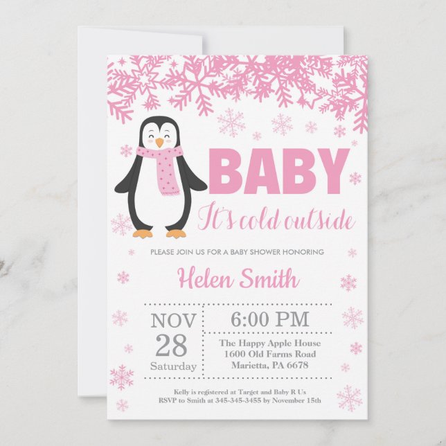 Invitation Flocon de neige de baby shower de fille de rose (Devant)