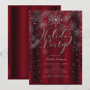 Invitation Flocon de neige de fête élégant rouge argenté mode