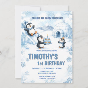 Invitation Flocon de neige de pingouin pour premier anniversa