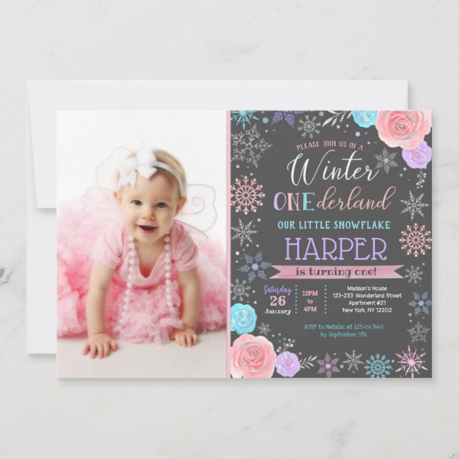 Invitation Flocon de neige d'hiver 1er anniversaire (Devant)