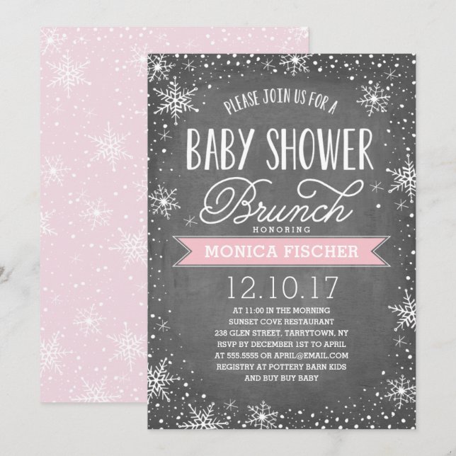 Invitation Flocon de neige d'hiver Baby shower Brunch Chalkbo (Devant / Derrière)