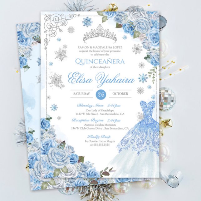 Invitation Flocon de neige en hiver Ice Blue Silver Quinceañe (Créateur téléchargé)