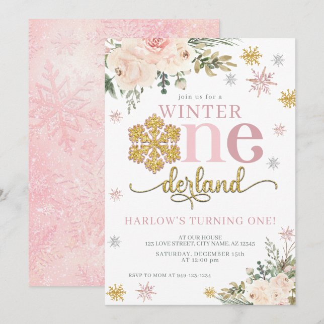 Invitation Flocon de neige fleuri ONE derland 1er anniversair (Devant / Derrière)