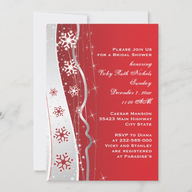 Invitation Flocon de neige gris rouge, argent mariage douche  (Devant)