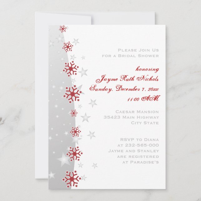 Invitation Flocon de neige gris rouge mariage douche nuptiale (Devant)