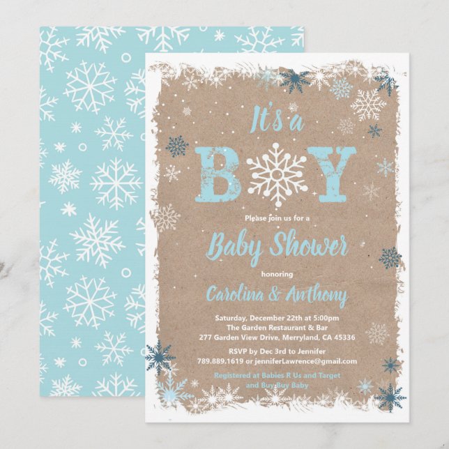 Invitation Flocon de neige pour bébé d'hiver rustique c'est u (Devant / Derrière)