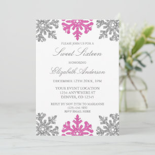Invitation Flocon de neige rose argent Sweet hiver 16