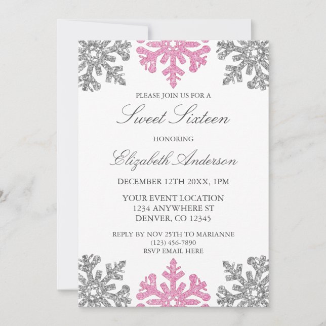 Invitation Flocon de neige rose argent Sweet hiver 16 (Devant)
