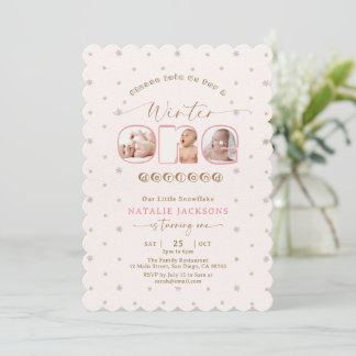 Invitation Flocon de neige rose doux Hiver Onederland 1er ann