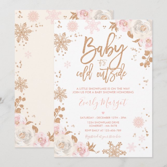 Invitation Flocon De Neige Rose Gold Et Pink Winter Baby show (Devant / Derrière)