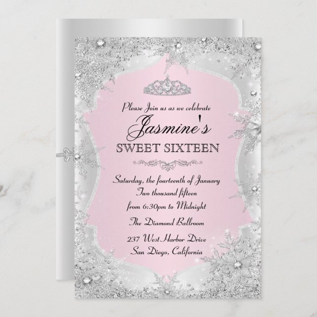 Invitation Flocon de neige rose Silver hiver Sweet 16 Invitat (Devant / Derrière)