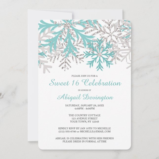 Invitation Flocon de neige Turquoise Bleu Silver Sweet hiver  (Devant)