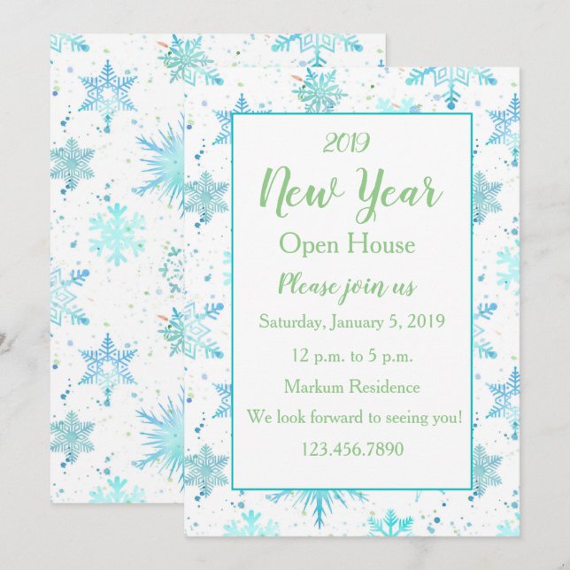 Invitation Flocon de neige Turquoise Nouvel An Open House Inv (Devant / Derrière)