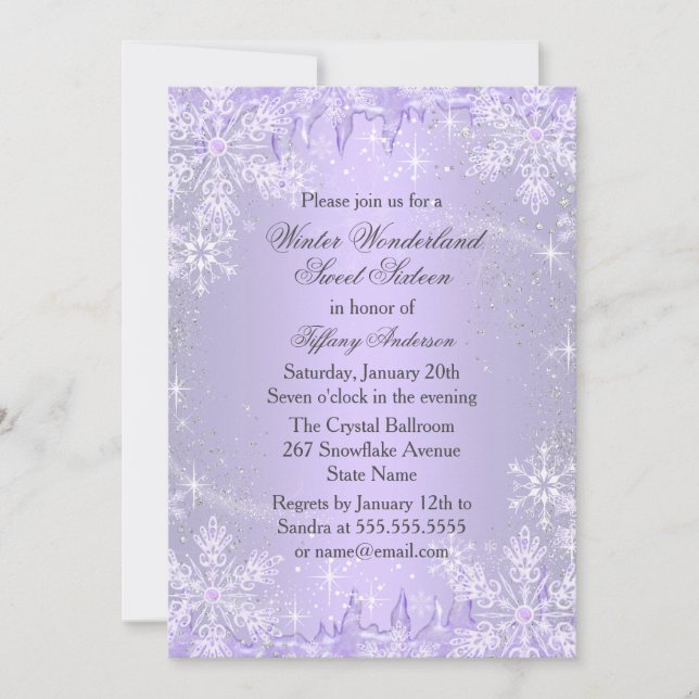 Invitation Flocon de neige violet hiver Wonderland Sweet 16 I (Devant)