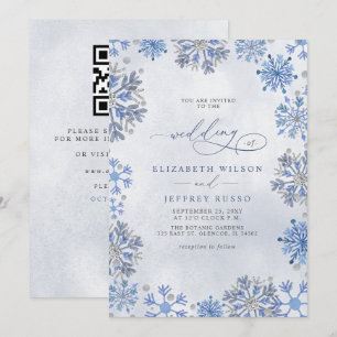 Invitation Flocons de Neige Argent Bleu Mariage Code QR Hiver