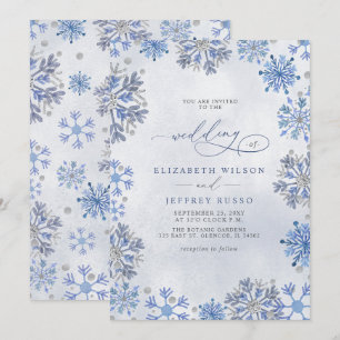 Invitation Flocons de Neige Argent Bleu Noël Hiver Mariage