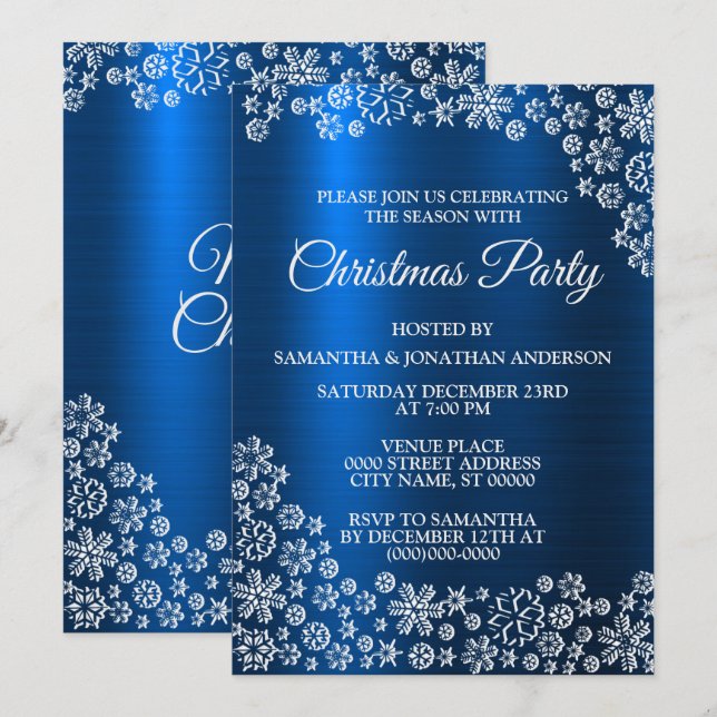 Invitation Flocons de neige blancs de Noël Bleu marine Fêtes (Devant / Derrière)