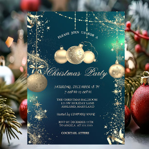 Invitation Flocons de neige dorés, boules de Noël dorées Fête