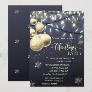 Invitation Flocons de Neige Dorés, Boules, Lumières Fête de N