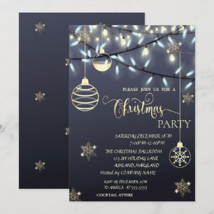 Invitation Flocons de neige en or, Boules, Lumières Fête de N