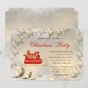 Invitation Flocons de neige en or,Fête du traîneau de Noël 
