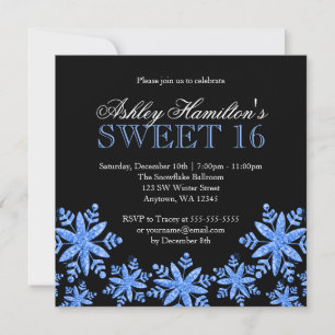 Invitation Flocons de Neige Étincelants Bleus Sweet 16 Hiver