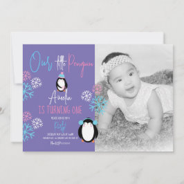 Invitation Flocons de Neige Manchots Rose Bleu 1er Anniversai