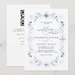 Invitation Flocons de neige Monogramme Bleu Mariage Code QR H