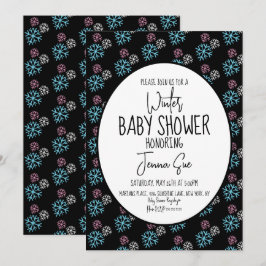 Invitation Flocons de neige roses bleus Bébé Shower Noir