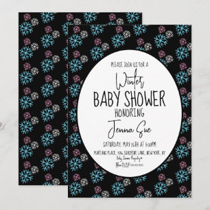 Invitation Flocons de neige roses bleus Bébé Shower Noir