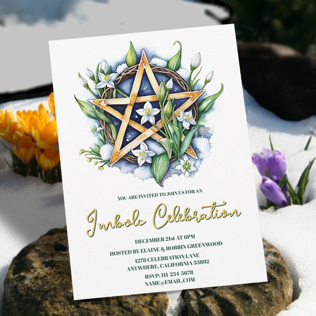 Invitation Flora Pentacle Neige & Fleurs Wiccan Imbolc Party (Flora Pentacle Snow & Flowers Wiccan Imbolc Party Invitation)