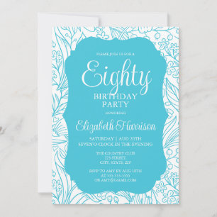 Invitation Flora Turquoise Bleue Femme 80ème anniversaire fêt