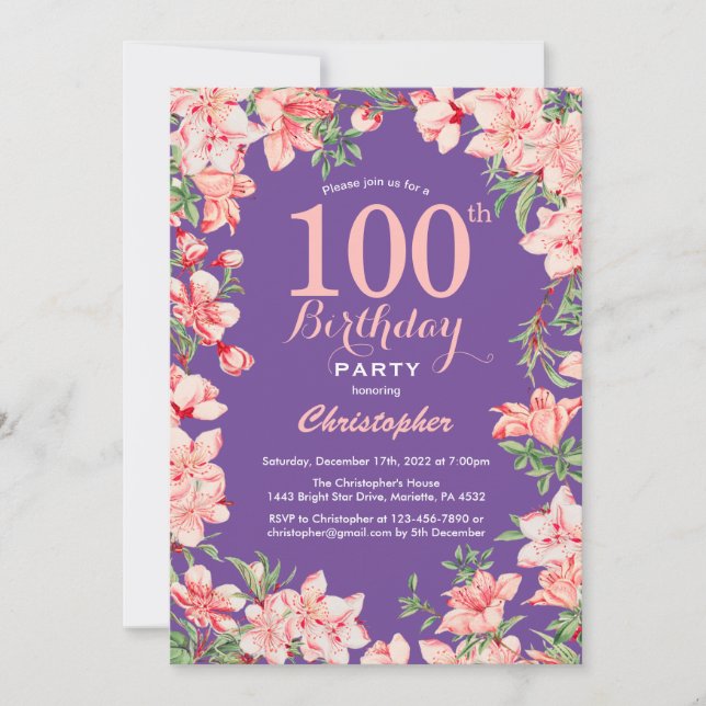 Invitation Floral 100e Anniversaire Fleurs roses Violet viole (Devant)
