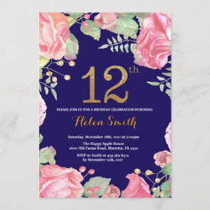 Invitation Floral 12e anniversaire Parties scintillant d'or b