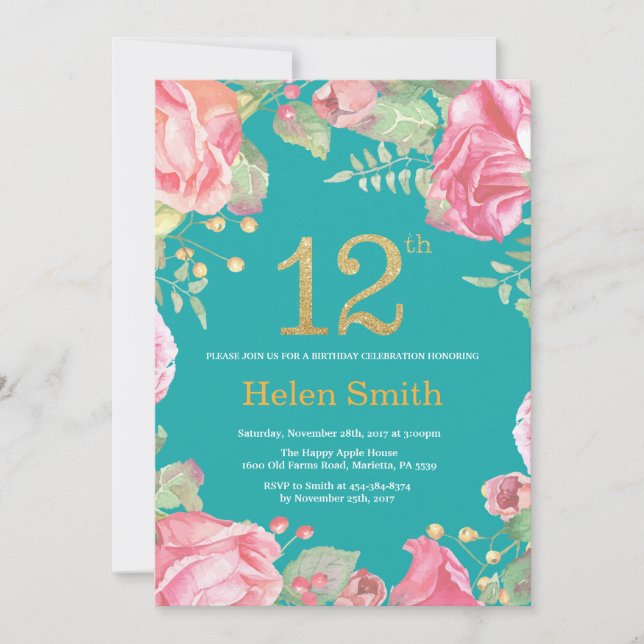 Invitation Floral 12e anniversaire Parties scintillant or et  (Devant)